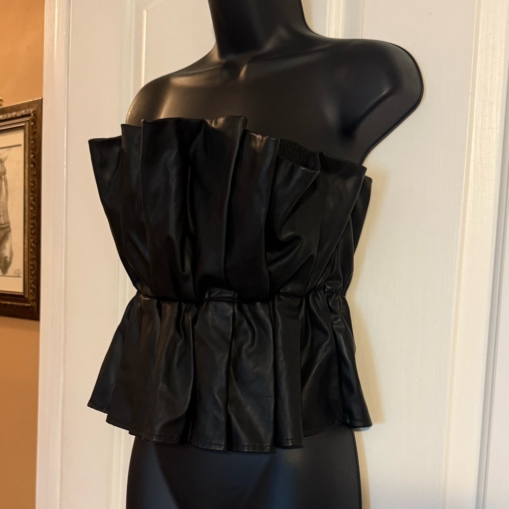“DO+BE” Pleated Ruffle Faux Leather Top - Picture 12 of 16